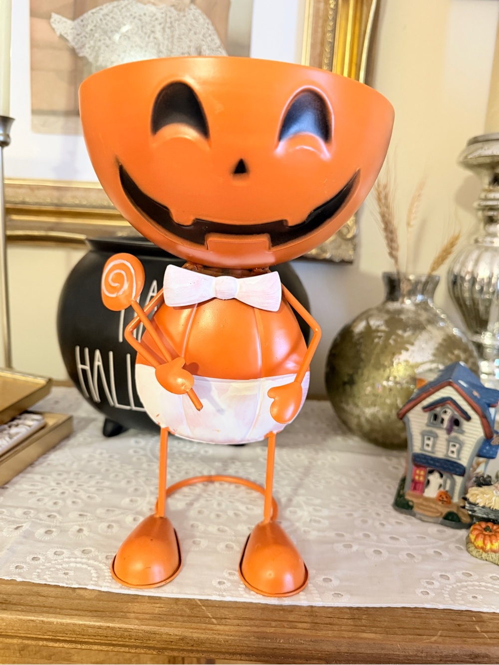 Orange Jack-O'-Lantern Candy Holder Bowl with Bow Tie